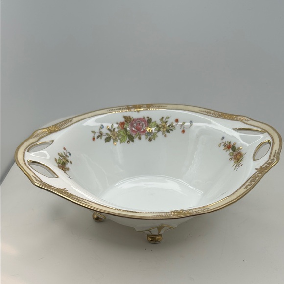 Nippon Other - Nippon Hand Painted Floral Gold Gilt Four Footed Oval Serving Bowl Vintage
